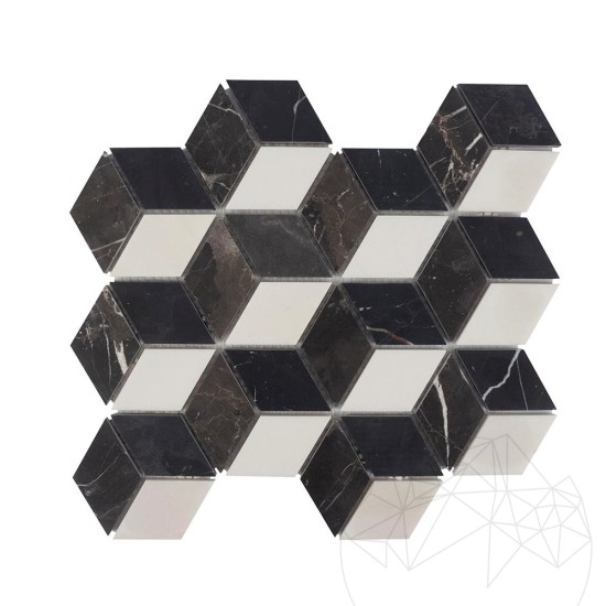 Bianco Carrara, Kleopatra, Nero Marquina Mix Würfeldesign gehonter Marmor Mosaik