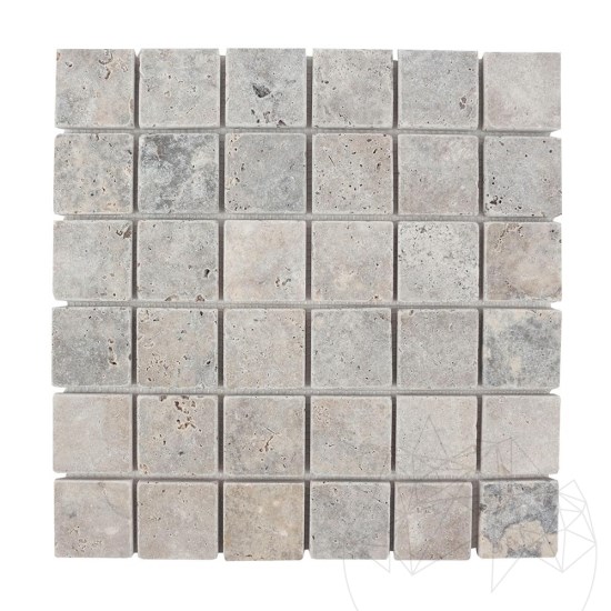 Silber getrommelter Travertin Mosaik 4,8 x 4,8 cm