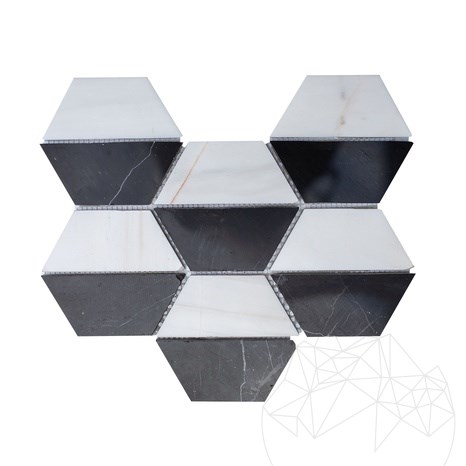 Schwarz-weißes sechseckiges Mosaik aus poliertem Marmor, 20,2 x 28,6 cm