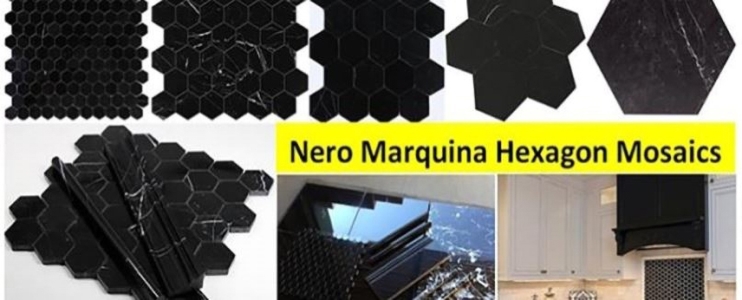 4 Dekorationsprojekte mit sechseckigem Mosaik aus poliertem Nero Marquina-Marmor