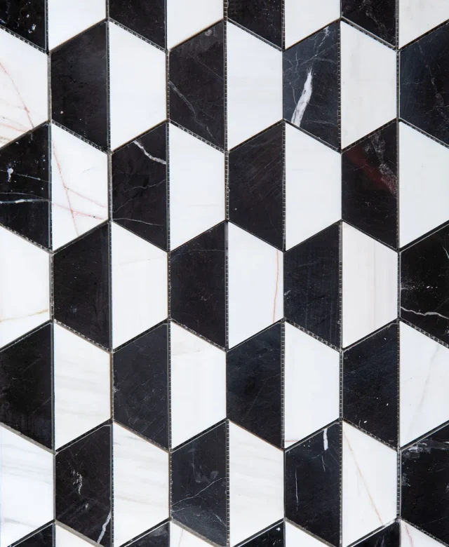 Schwarz-weißes sechseckiges Mosaik aus poliertem Marmor, 20,2 x 28,6 cm